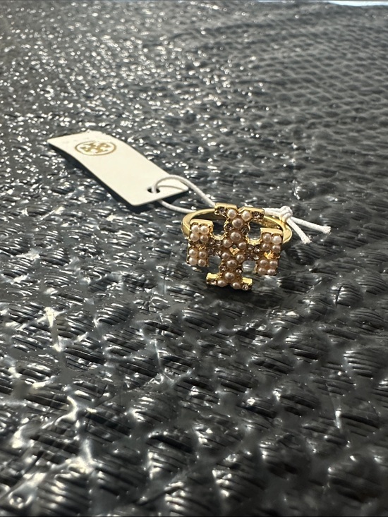 Tory Burch Jewelry - Tory Burch Double T Pearl Crystal Logo Ring Gold Tone